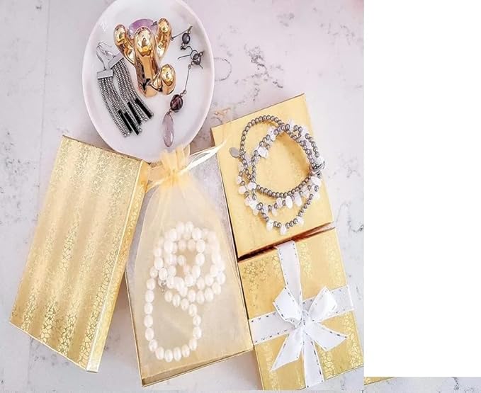 12 Pack Gold Foil Cotton Filled Color Paper Cardboard Jewelry Box for Necklace, Ring, Earring, Pendant, Pocket Watch, Body Jewelry and Beads Size-3 1/16" x 2 1/8" x 1" - by R J Displays