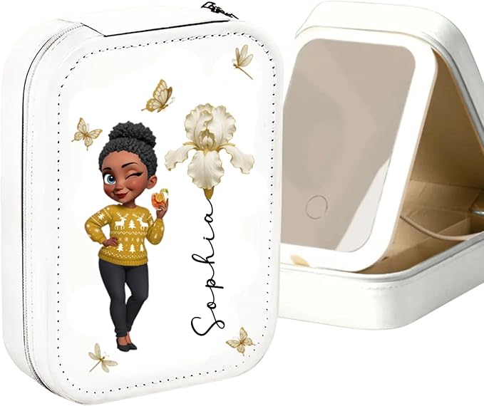 Bloom Within - Personalized Jewelry Box with LED Mirror, Cartoon Girl Custom Birth Flower Jewelry Box, Floral Jewelry Organizer for Women, Best Friend Mirror Jewelry Organizer, Friendship Gifts