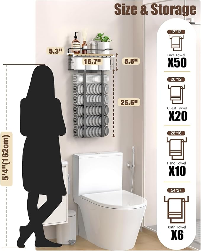 Towel Racks for Bathroom - Wall Mounted Metal Rack with Wood Plank, Bathroom Storage Organizer, Towel Holder Stores 6 Large Rolled Towels Easily, Black with Wood Plank