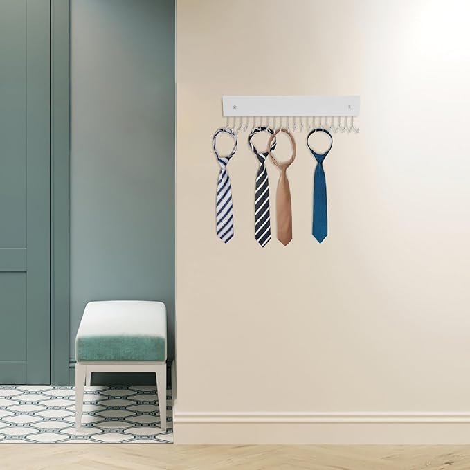 Uonlytech Wall-Mounted Rotating Tie Rack and Strap Organizer, Natural Timber Strap Hanger with Hooks for Men’s Closet Entryway Storage, Space-Saving Accessory Organizer