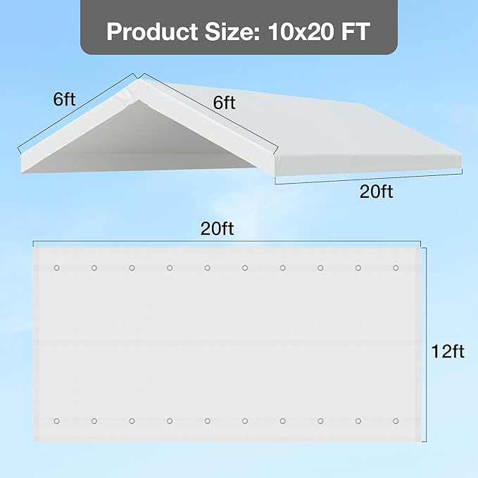 10x20 FT Carport Replacement Canopy Top Upgraded Car Port Canopy Cover for Carport Party Tent Waterproof & UV Protected, Easy Installation with Ball Bungees, White (Top Cover Only, Frame Not Included)