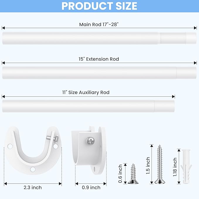 Closet Rods for Hanging Clothes, 17 to 39 Inch Heavy Duty Stepless Adjustable Closet Hanging Rod, 1.3 Inch Diameter Metal Closet Rod for Wardrobes Laundry Bedroom RV, White