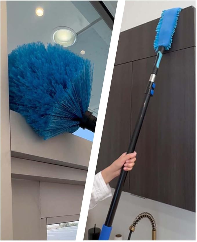 25 Foot Wall Cleaner Mop with 18 Ft Heavy Duty Extension Pole, 3-in-1 High Ceiling Cleaning Tool with 4 Microfiber Chenille Pad, Cobweb Duster, Fan, Baseboard, Window Squeegee Kit (18ft)