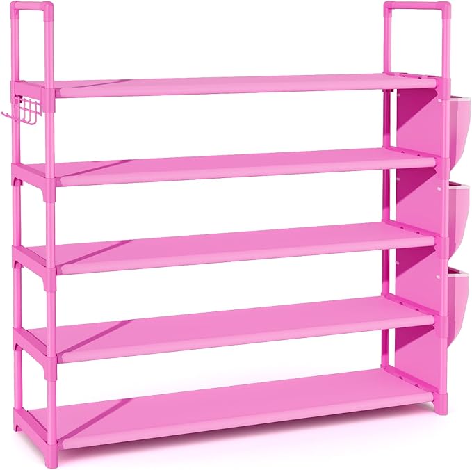 Shoe Rack for Closet Shoe Organizer Space Saver Storage for 20-25 Pair Shoe Shelf with Hook and Side Pocket Free Standing 5 Tier Shoe Rack Organizer for Entryway,Small Spaces, Pink