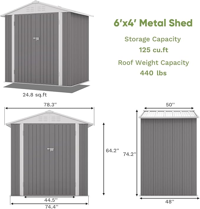 Patiowell 6x4 FT Storage Shed, Outdoor Metal Sheds with Lockable Door and Sloping Roof, Waterproof Outside Utility Garden Tool Shed with Breathable Vents for Patio Lawn Backyard, Gray