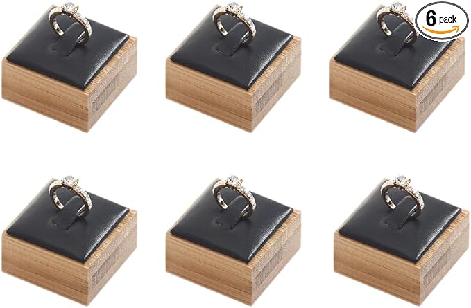 Coward Bamboo 6 Pcs Rings Display Stand for Shop Selling, Ring Jewelry Holder Organizer Drawer Storage (Black PU)