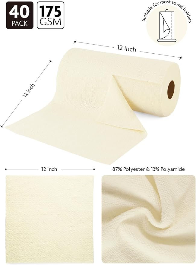 Fantasticlean Microfiber Cleaning Cloth Roll -40 Pack, Tear Away Microfiber Towels, 12" x 12", Reusable, Washable, Scratch Free, Ultra Absorbent Dishcloth for All-Around Cleaning Supplies (Beige)