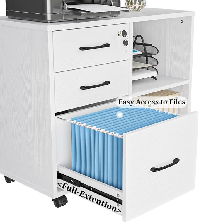 Panana 3 Drawer Office File Cabinets, Mobile Lateral Printer Stand with Open Storage Shelf, Rolling Filing Cabinet with Wheels Home Office Organization and Storage (White)