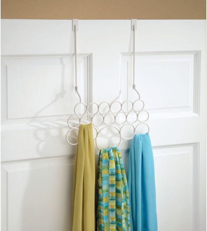 interDesign Classico Over Door Scarf Rack Hanger, No Snag Storage for Scarves, Ties, Belts, Shawls, Pashminas, Accessories - 18 Loops, Pearl White