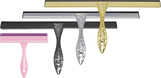 2-Pack Shower Squeegee for Glass Doors, 10 inch Silver Stainless Steel & 5 inch Pink Mini with 2 Hooks, Non-Slip Hammered Handle, Silicone Wiper for Shower, Bathroom, Tile and Mirror