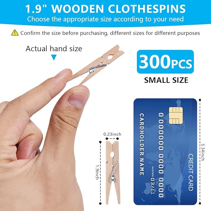 SenseYo 300 Pcs 1.9 Inch Wooden Clothespins Clips for Hanging Clothes, Craft, Home