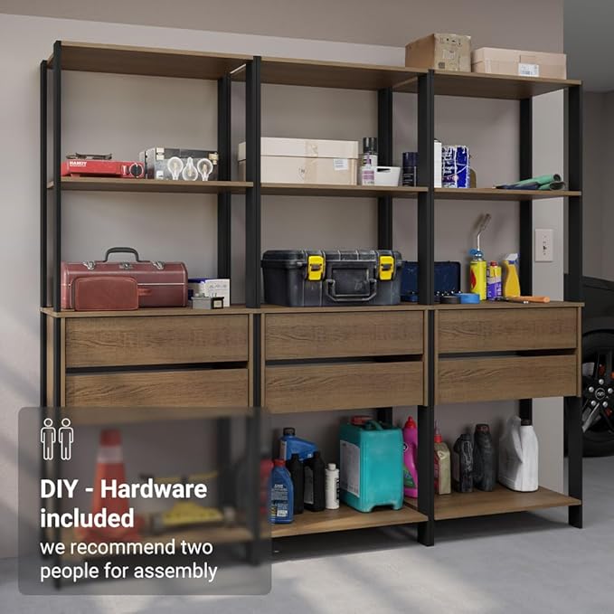Madesa Garage Storage Rack with 6 Drawers and Open Shelves 82" L Multiuse Modular Organization Cabinet for Tools (Black/Brown)