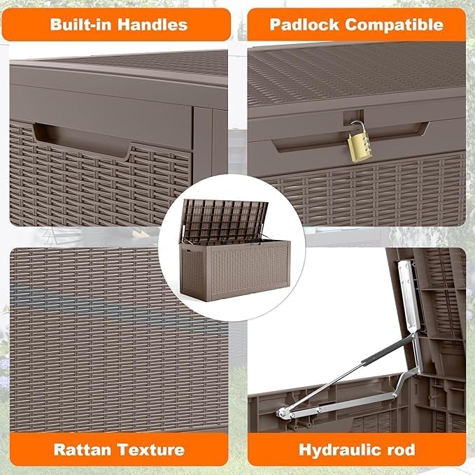 120 Gallon Outdoor Deck Box,Waterproof Resin Outdoor Storage Boxes, Outside Storage Lockable Container for Garden Tools,Indooor Cushions,Accessories (Grey)