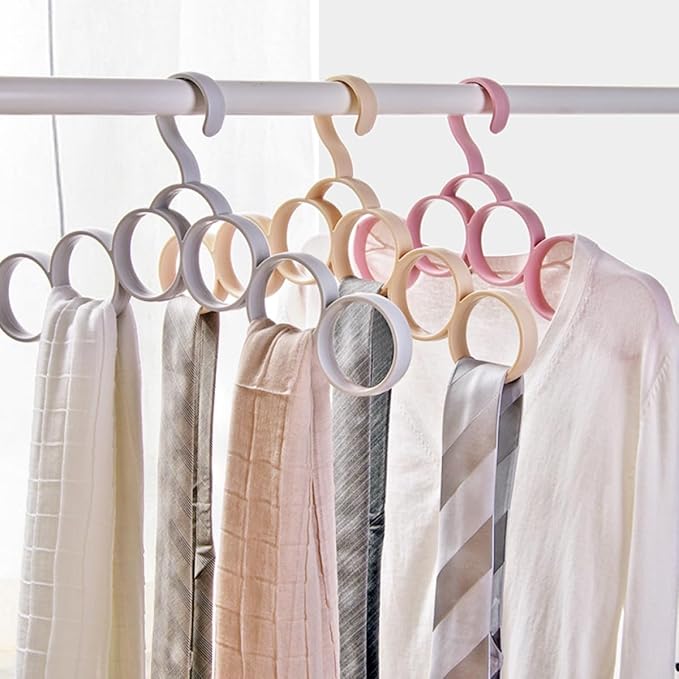 Luxshiny Multi-Function Wardrobe Coat Hanger and Tie Accessory Organizer, 6-Ring Closet Storage Rack for Scarves Belts, Household Convenient Clothes Hanger, 3pcs Set, Random Random Color