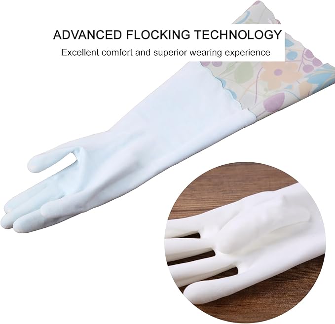 Bamllum 3 Pairs Rubber Cleaning Gloves, Household Kitchen Dishwashing Gloves with Cotton Flocked Liner, Long Cuff 16 Inches, Reusable, Non-Slip (Medium, Blue+Pink+White) (Pack of 2)