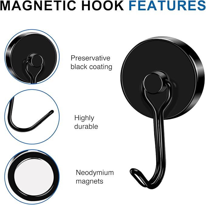 LOVIMAG Hooks, 120lbs+ Magnetic Magnet Hook 2025 Cruise Cabin Ship Essentials Heavy Duty Strong Refrigerator Fridge Hanging for Classroom Beach Vacation Kitchen Grills Home Mug Hanger (6 Pack), Black