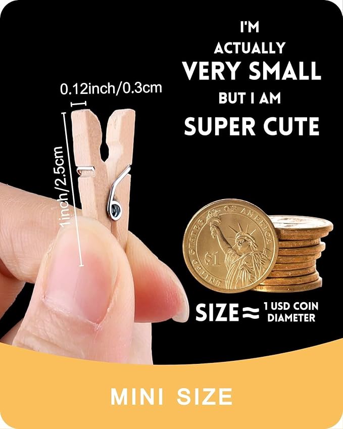 Mini Clothes Pins for Photo, Natural Small Wooden Clothespins 1 Inch Tiny Wood Decorative Clips Bulk, 33FT Jute Twine and Clothespins for Crafts Photos Pictures Baby Shower Game Classroom, 200 PCS