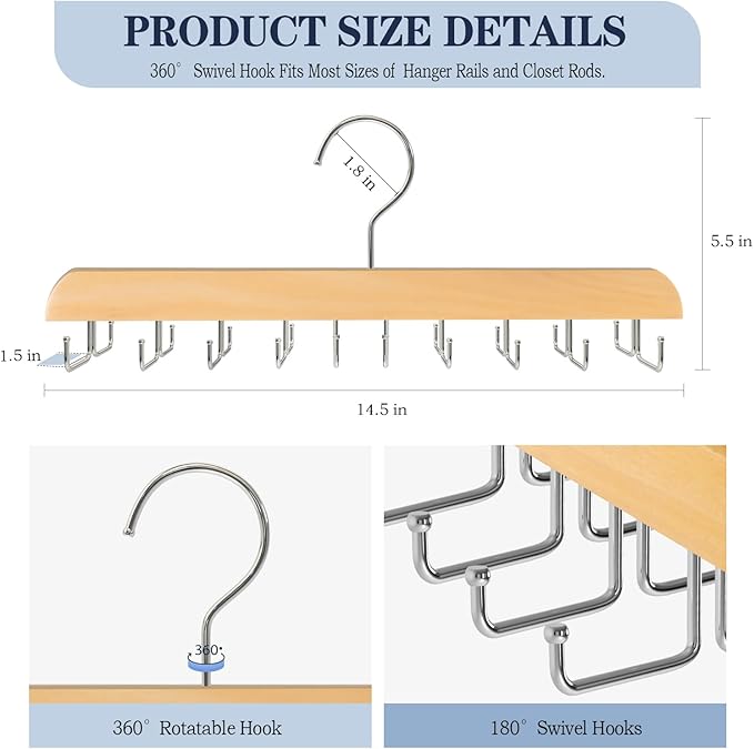 Tie Rack Belt Hanger for Closet Fitnice Upgraded Non Slip Tie Hanger Space Saving with 20 Foldable Hooks Wooden Belt Tie Organizer for Tank Tops Bras Cami Scarves