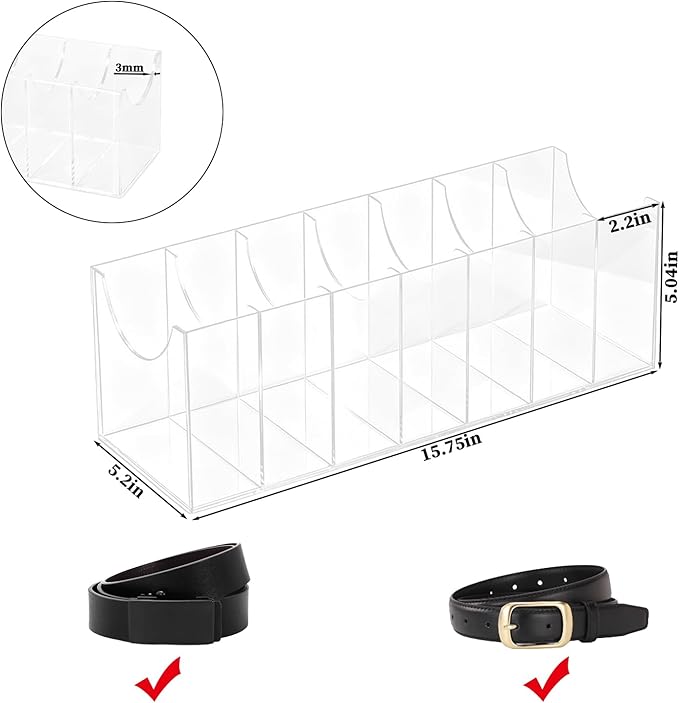 Belt Organizer Rack 7-Grid Acrylic Transparent Belt Box for Men's and Women's Home use Transparent Wardrobe tie and Bow Display Cabinet with Storage Container for Drawers and wardrobes
