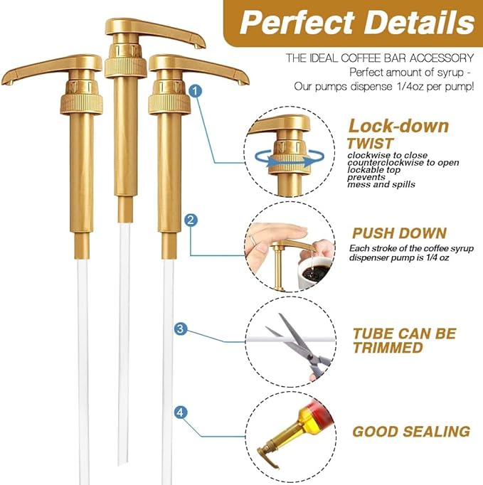 10 Pcs Gold Coffee Syrup Pump, Compatible with 25.4 Oz/750ml Bottles, Syrup Dispenser Pumps Great for Home & Coffee Bar Drinking Mixes, Tea, Beverage, Cocktails