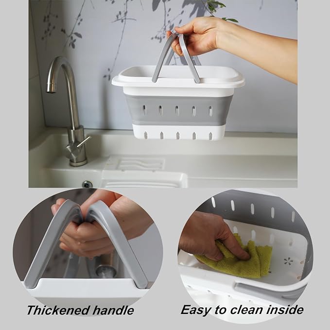 Portable Folding Plastic Bath Caddy with Handle, Perforated, Travel Bathroom Organizer for Bedroom, Bathroom, Shower, Dorm Room, Camping and RV Use (Grey, 1 pack)