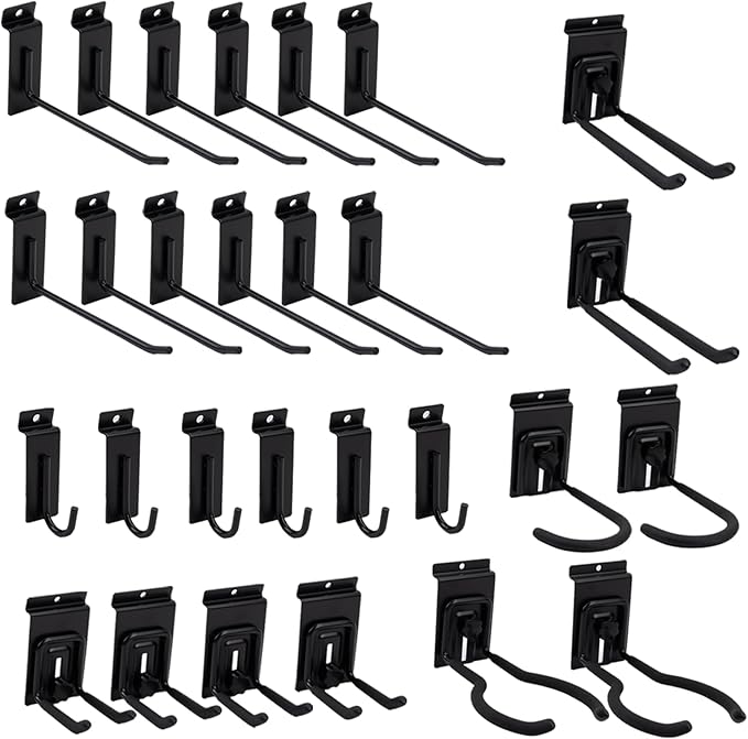 Slat Wall Accessories 28 PCS Garage Hooks Heavy Duty Slatwall Panel Hook Locking Bike Hook for Slat Wall Hooks for Hanging Ladder Storage System Black Accessory for Power Tools Organizer