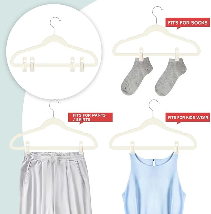 Tinfol Ivory Velvet Hanger Clips, 24 Pack Pants Velvet Clips, Large Opening Clip Clothes Pin, Strong Finger Flocked Clip Perfect for Slim-line Clothes Hangers