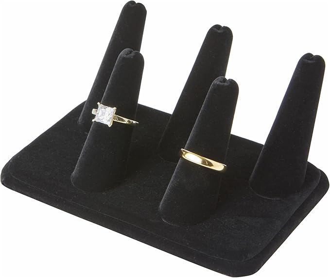 Plymor Black Velvet Ring Finger Display, Five on Rectangular Base, 5.25" W x 3.625" D x 2.25" H (Pack of 6)