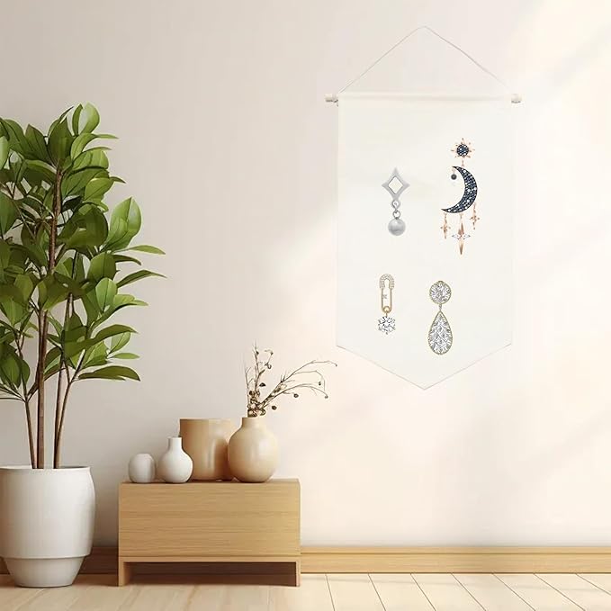 3 PCS Canvas Banner Blank with Wooden Dowel, Canvas Banners Wall Hanging Brooch Jewelry Badges Display, Enamel Pin Wall Organizer for Buttons Earrings (White, Medium)