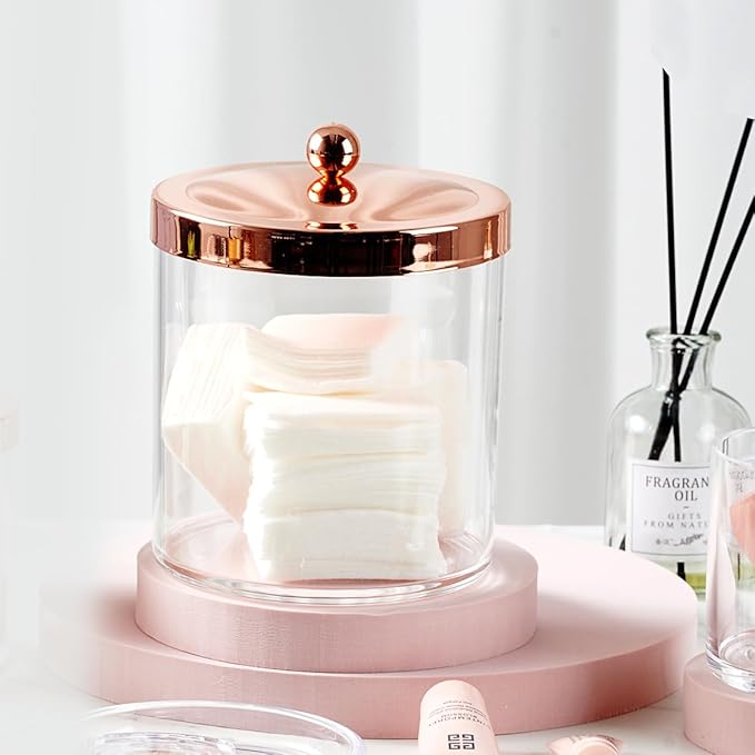 SheeChung 2-Pack Plastic Apothecary Jars with Rose Gold Metal Lids - 25oz & 15oz Clear Acrylic Qtip Holder Set - Shatterproof Bathroom Vanity Organizer for Cotton Balls, Swabs, Pads - Luxury Decor