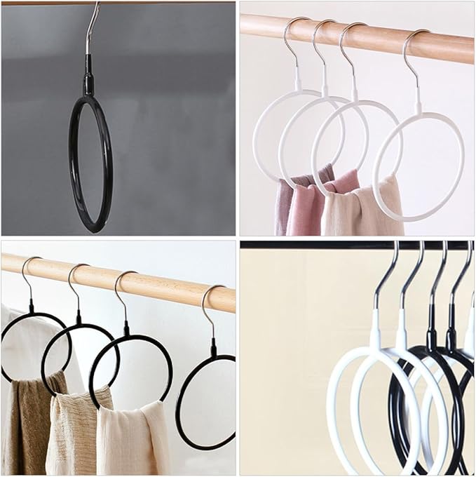 Sewroro 8pcs Metal Hanger Rings Scarf Organizer and Belt Holder for Closet, Black and White Small Plastic-Coated Hooks, Space-Saving Accessory Organizer for Women’s Scarves and Neckties