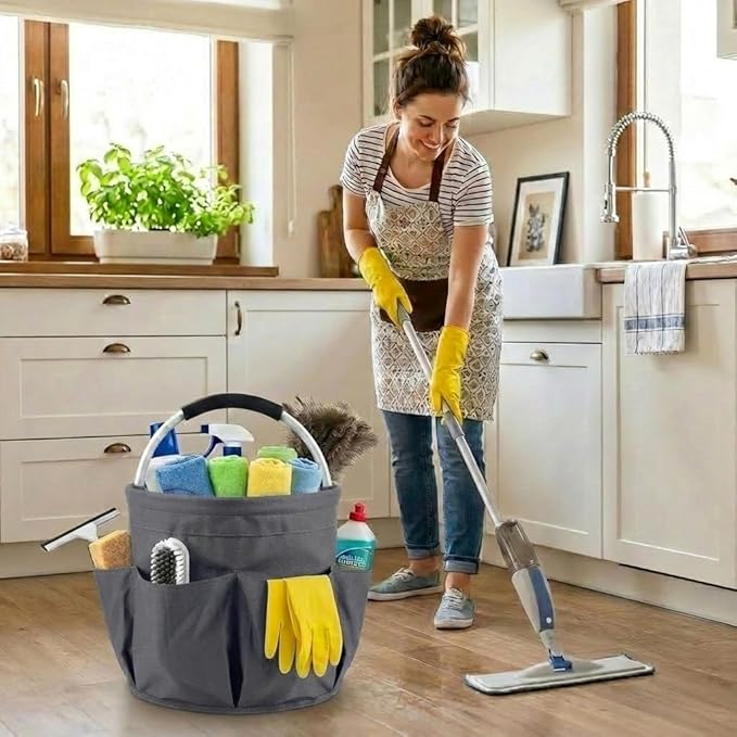 Multifunctional 17L Cleaning Caddy,Foldable 600D Organizer Bag with EVA Grip and 6 Pockets,Portable Storage Tote for Housekeeping,Car Detailing,Garden,Bathroom and Dorm (gray)