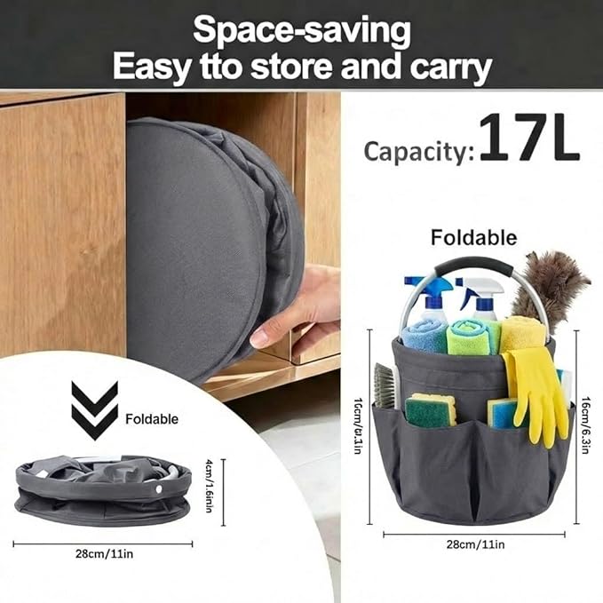 Multifunctional 17L Cleaning Caddy,Foldable 600D Organizer Bag with EVA Grip and 6 Pockets,Portable Storage Tote for Housekeeping,Car Detailing,Garden,Bathroom and Dorm (gray)
