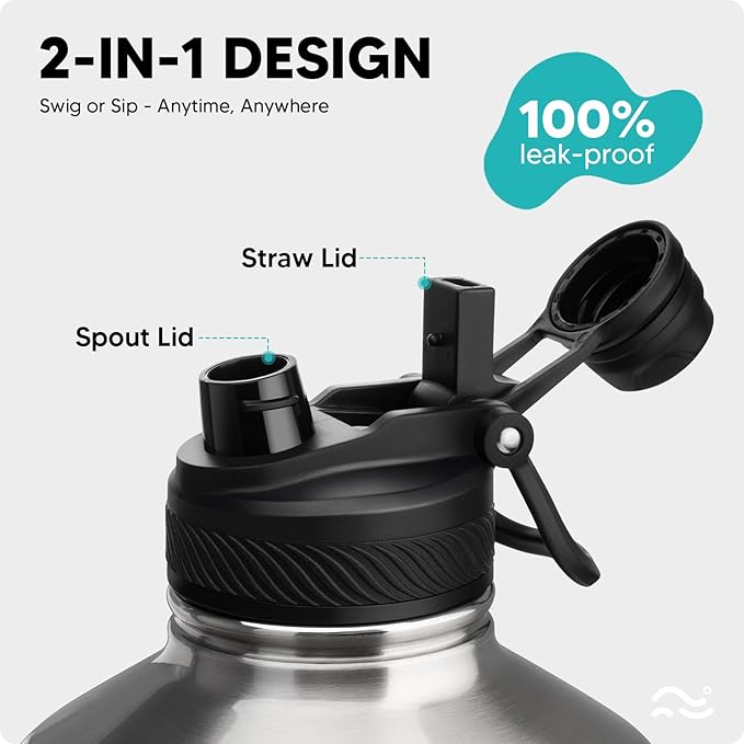 [2-IN-1 LID] Gallon Insulated Water Bottle with Silicone Boot (48hrs Cold/24hrs Hot) - DIY Stickers, Leakproof, BPA Free, 128 oz