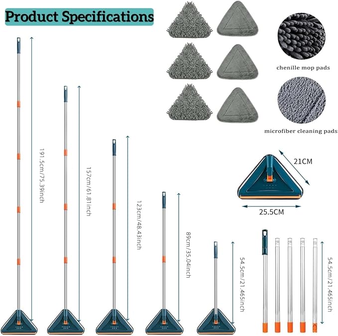 Wall Cleaner Mop with Long Handle 360° Wall Mop Triangle Mops for Floor Cleaning Baseboard Cleaner Tool with 5 Microfiber Duster Pads Dust Washer Cleaning Tools for Walls Windows Ceiling Fan
