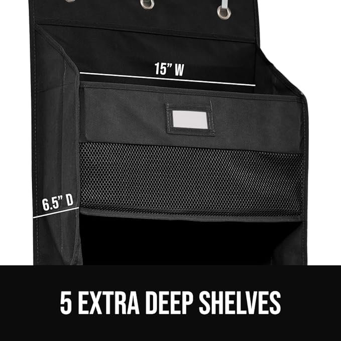 GORILLA GRIP Over The Door Organizer Storage, 5 Deep Hanging Shelves, Holds 50lbs, Closet Organizers Shelf for Bedroom, Bathroom, Nursery, Dorm Essentials, 3 Metal Hooks, 58x15 Inches, Black