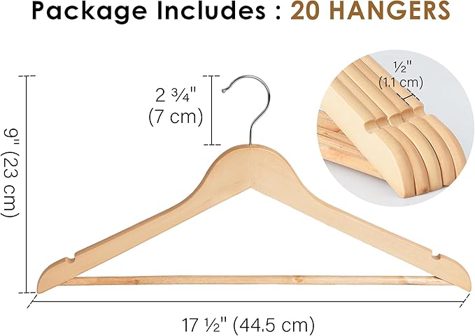 StorageWorks Wooden Hangers 20 Pack, Wood Coat Hangers for Closet, Heavy Duty Clothes Hangers for Suits, Shirts, Pants, Jackets, Natural Wood Color