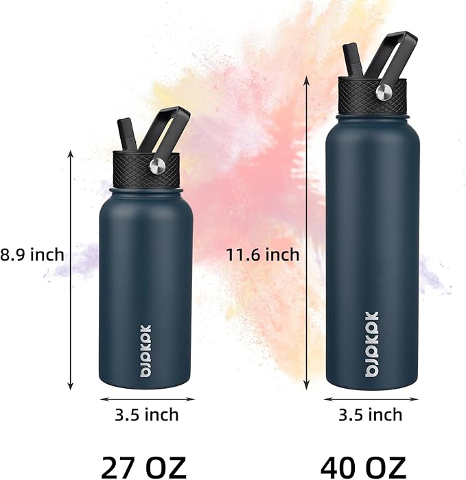 BJPKPK Insulated Water Bottles with Straw Lid, 27oz Stainless Steel Water Bottle with 3 Lids, Leak Proof BPA Free Metal Thermo, Mugs, Tumblers, Keep Cold Hot - Navy Blue