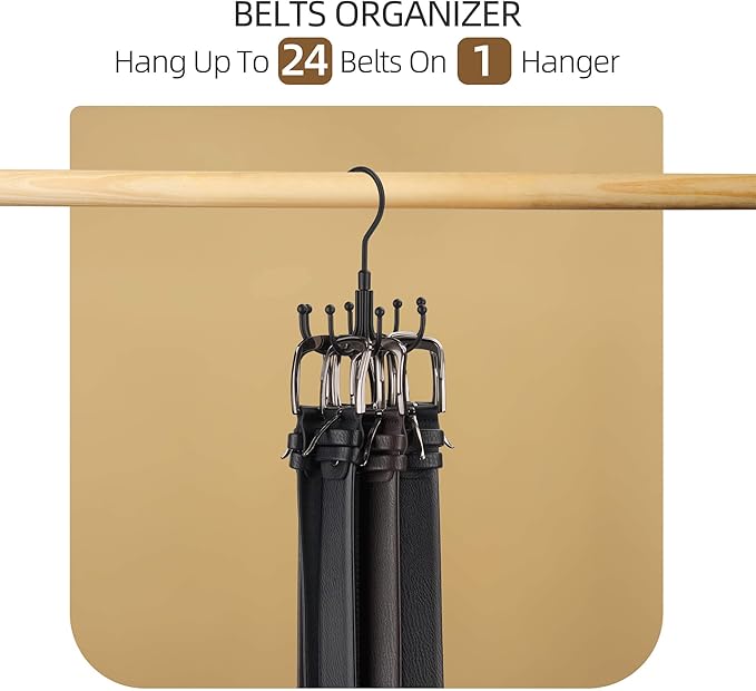 ZEDODIER Belt Hanger, 2 Pack Rotatable Belt Rack Closet Accessories Organizer, Maximum 24 Storage Capacity, Hanging Holder Storage Hook for Belt, Bra, Tank Top, Tie, Scarf, Purse, Black