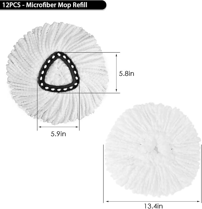 12Pack Spin Mop Replacement Heads,Spinning Mop Replace Head for Easy Wring Mop, 100% Microfiber Mop Head Replacement Compatible with Triangle Spin Mop Refill for Floor Cleaning,White
