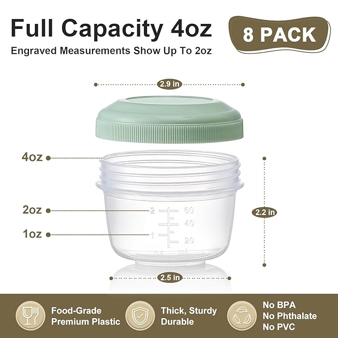 8 Pack Reusable Plastic Containers with Lids - 4 oz Small Deli Containers for Snack, Puree, Dressing & Freezer Use - Dishwasher Safe, BPA Free