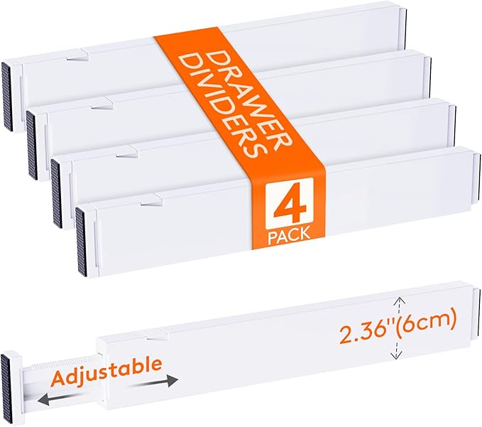 Lifewit 4 Pack 2.36" High Drawer Dividers 40-56cm/16-22 Adjustable Drawer Organizer for Clothes/Utensils, Expandable Drawer Separator in Dresser/Kitchen/Bedroom/Office Organization & Storage White