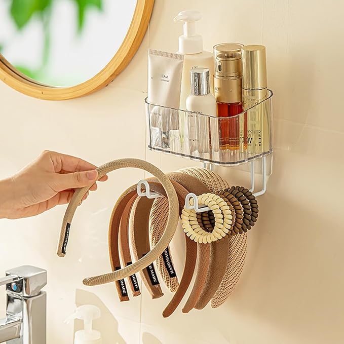MORNITE Adhesive Clear Hanging Headband Organizer Wall, Makeup Storage Box with Brackets Rack Caddy for Hair Headband Jewelry Clips Pins Rings