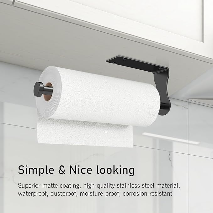 SetSail Paper Towel Holder Under Cabinet Easy Tear Wall Mount Self-Adhesive or Drilled for Kitchen Bathroom Black 2 Packs