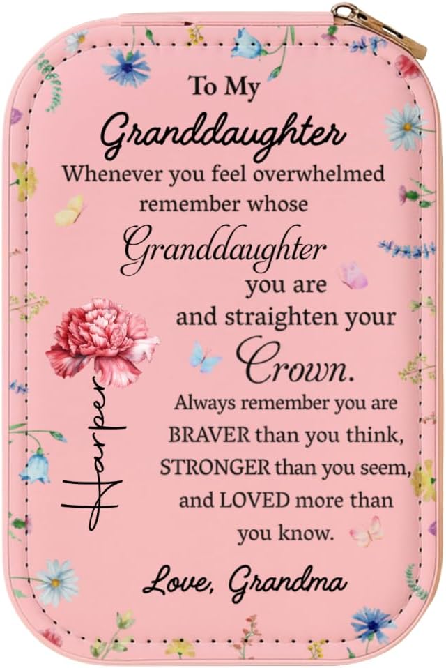 To My Granddaughter, Flowers And Crown, Personalized Custom Jewelry Box With LED Mirror, Gift For Granddaughters, Straighten Your Crown Jewelry Organizer, Appreciation Gifts for Granddaughter