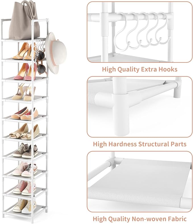 Tall Narrow Shoe Rack 10-Tier Skinny Shoe Shelf Storage for 10-15 Pairs Shoes and Boots, Space Saving Corner Shoe Rack Organizer for Closet, Entryway, Garage, Living Room,White