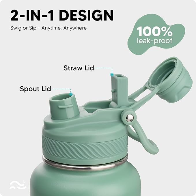 [2-IN-1 LID] Insulated Water Bottle with Silicone Boot (36hrs Cold/18hrs Hot) - DIY Stickers, Leakproof, BPA Free, 32 oz
