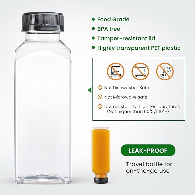 12 Pack, 12 OZ Reusable Plastic Juice Bottles with Caps, Plus 12 Labels & 2 Silicone Funnels - Clear Juicing Bottles for Juice, Smoothies, Ginger, Tea, Coffee - Food Grade & Leakproof Travel Bottles