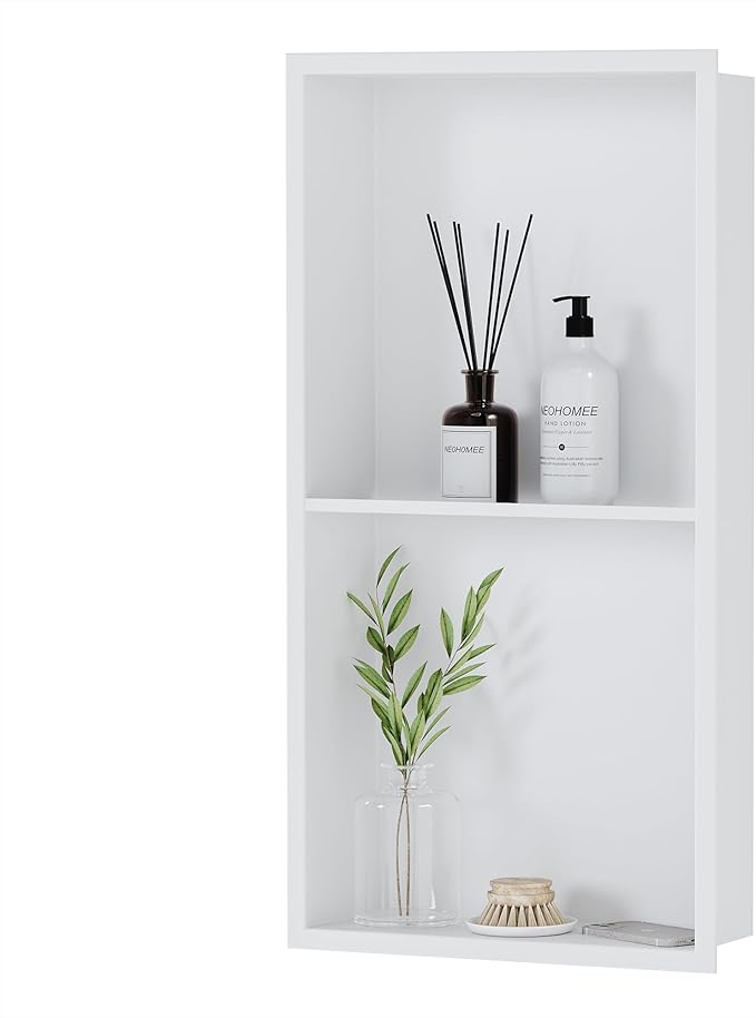 Neodrain No Tile Shower Niche, Stainless Steel Wall Niche 13.1"X25.1"(Inner Size 12"X24"), Two-Tier Bathroom Shelf, NO Tile Needed Recessed Storage for Bathroom Storage, White