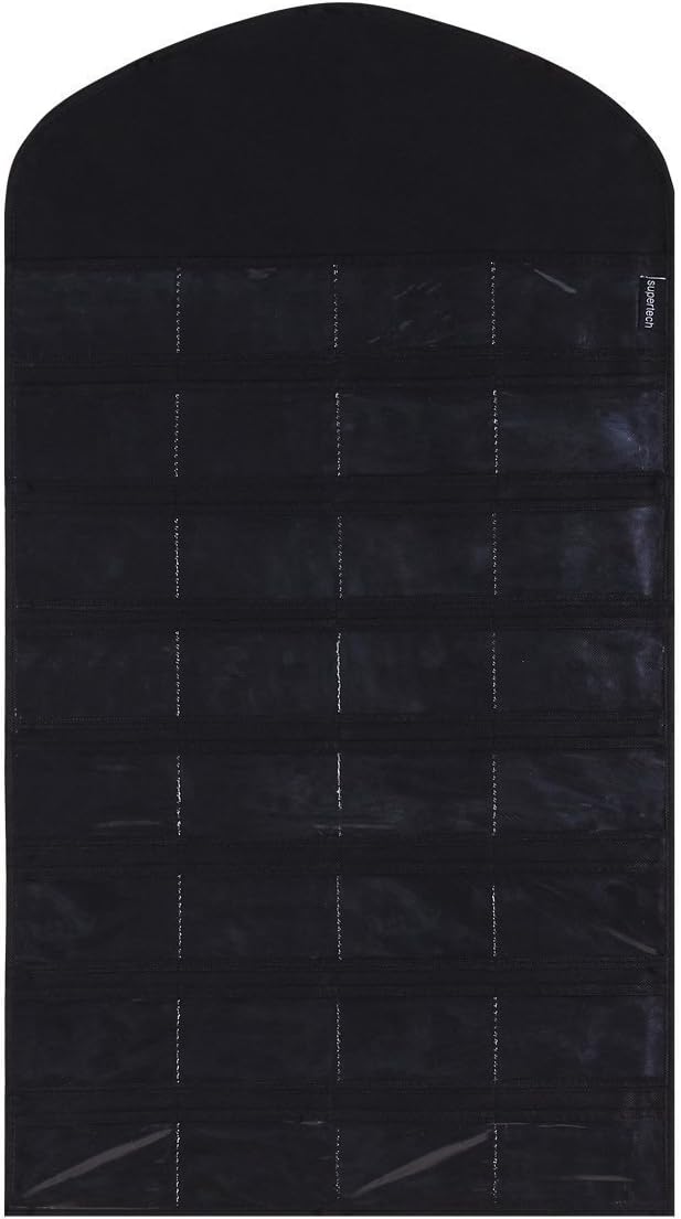 32 pockets& 18 hook-and-loop tabs Hanging Jewelry Organizer Dual Sides Space-saving Household Accessory Holder Storage Bag (Mode B Black)